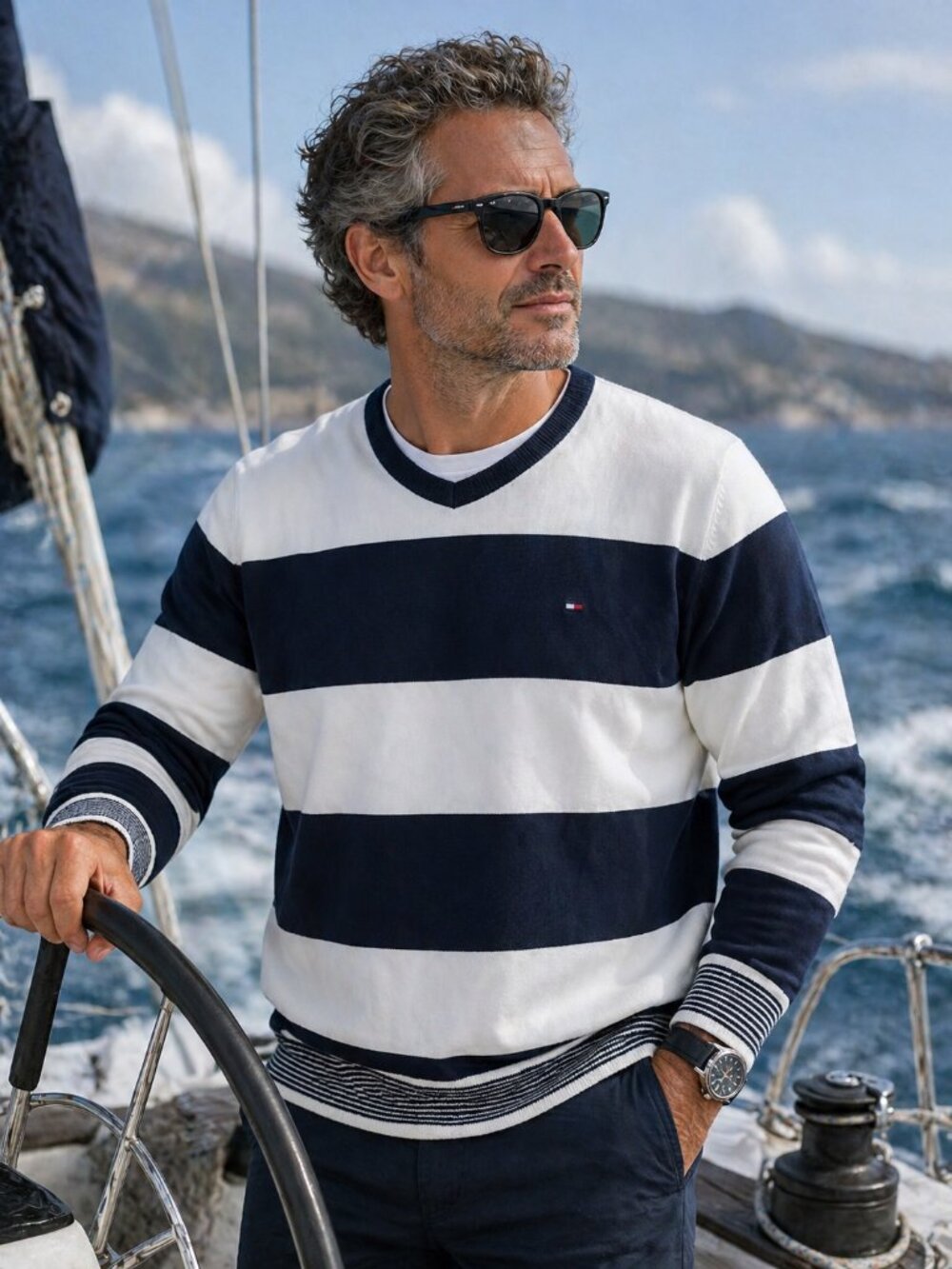 Tommy Hilfiger Men's Pullover Sweater Size XL Striped Golf Classic Nautical